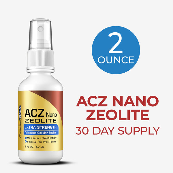 ACZ Nano Zeolite Extra Strength 2 oz bottle for 30-day supply, advanced detox formula for cellular cleansing and toxin removal.