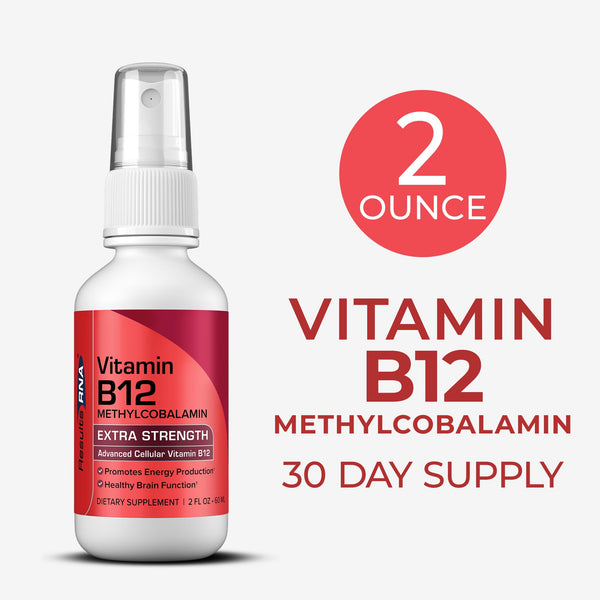 Vitamin B12 Extra Strength 2 oz spray for 30-day supply, supports energy and metabolism in a convenient health supplement format.