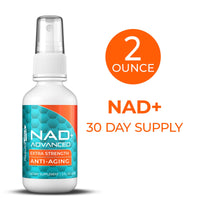 NAD+ Advanced Anti Aging Extra Strength 2 oz oral spray for 30-day supply, supports cellular rejuvenation and smoother skin.