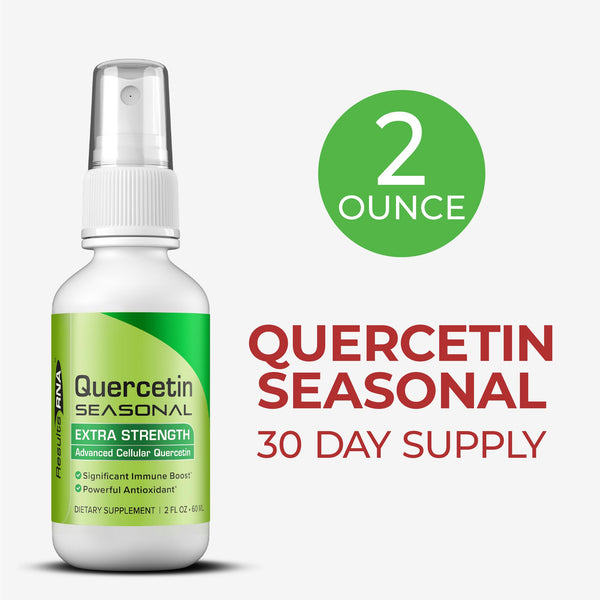 Quercetin Seasonal Extra Strength 2 oz spray bottle for 30-day supply, offering natural allergy relief and immune support supplement.