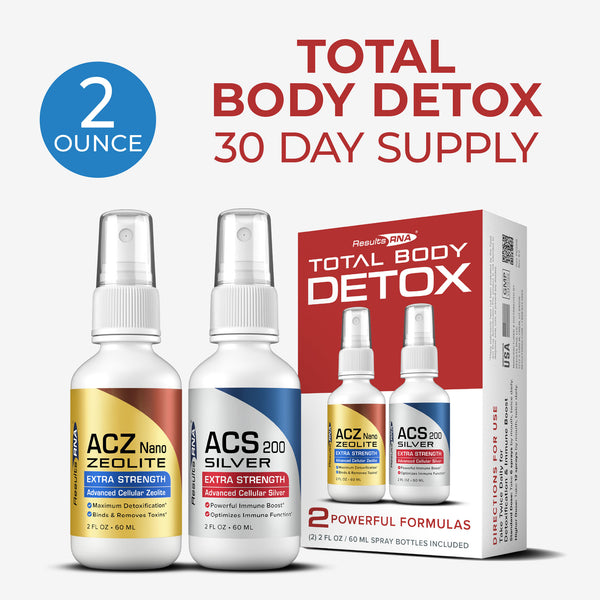 Total Body Detox System 2 oz 30-day supply with ACS 200 Silver and ACZ Nano Zeolite sprays for enhanced wellness and immune support.