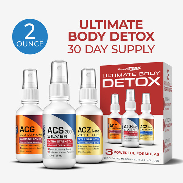 Ultimate Body Detox System 2 oz 30-day supply with ACG Glutathione, ACS 200 Silver, and ACZ Nano Zeolite for total liver and body detox.