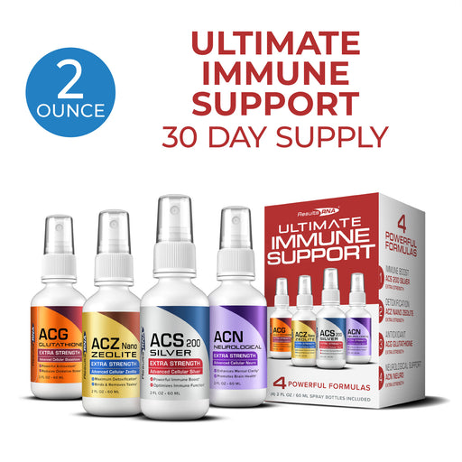 Ultimate Immune Support System 2 oz 30-day supply with 4 extra strength spray supplements for immune boosting and detoxification support.