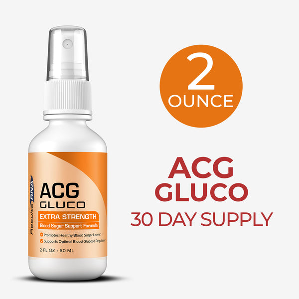 ACG Gluco Extra Strength 2 oz spray bottle for 30-day blood sugar support. Promotes healthy glucose levels and metabolic balance.