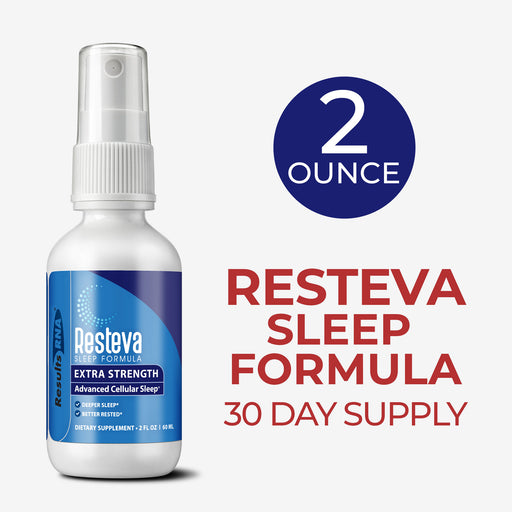 Resteva Sleep Extra Strength 2 oz bottle for 30-day supply, designed to promote deep, restful sleep using advanced cellular technology.